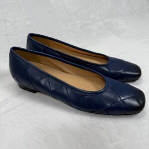Trotters Hanny Leather Ballet quilted Flats Woven Navy Blue Comfort Shoes 8.5N